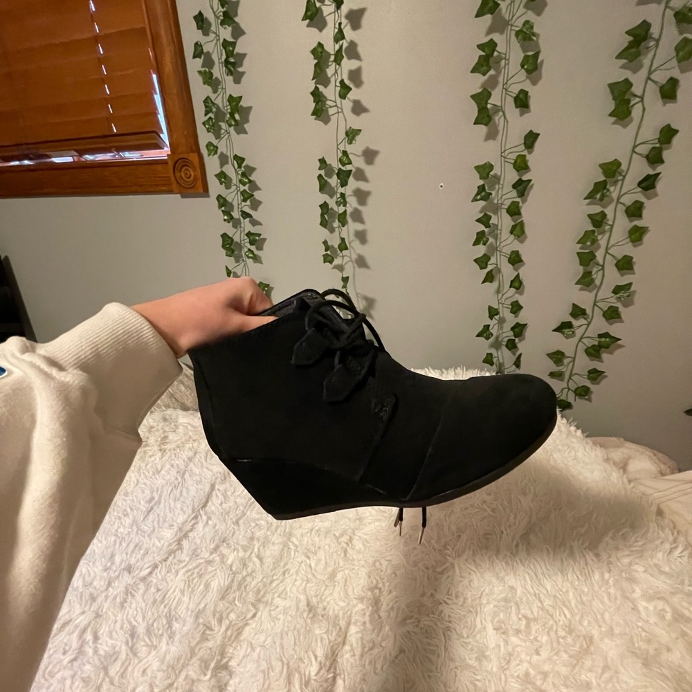 black toms suede wedge booties